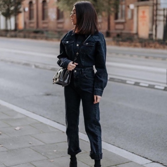Zara Pants - New Zara Black Denim Straight Leg Long Sleeve Jumpsuit Large